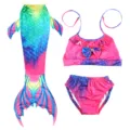 Children mermaid swimsuit detail showing colorful gradient tail bikini set for beach swimming. - Size 110 / Three-Piece Set / MRY-009-J (Skirt + Underwear + Tube Top)