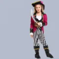 Children girls pirate costume set with red jacket, striped pants and hat for party. - M / Set