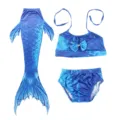 Children blue mermaid swimsuit tail set detail, featuring cute bow and sparkly rhinestone. - Size 110 / Three-Piece Set / MRY-009-C (Skirt + Panties + Tube Top)