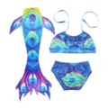 Kids mermaid swimsuit set, blue peacock pattern bikini top, bottoms and tail fin for beach. - Size 110 / Three-Piece Set / MRY-009-A (Skirt + Underwear + Tube Top)