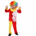 Detail des Horror-Clown-Kostüms für Kinder mit Blutfleck, bunter Perücke und Stoff. - B-0168