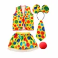 Kids clown costume set colorful polka dot vest skirt headband tie and red nose for party. - Set / Kids Clown 5-Piece Set 1 (Headband A + Tie + Skirt + Vest + Sponge Nose)