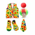 Clown costume set for kids, includes polka dot vest, rainbow wig, red nose, shoes, and tie. - Set / Kids Clown 5-Piece Set 2 (Wig + Tie + Vest + Shoes + Sponge Nose)