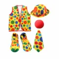 Halloween clown costume set with colorful polka dot vest, hat, tie, shoes, and sponge nose. - Set / Clown Kids 5-Piece Set C (Top Hat + Tie + Vest + Shoes + Sponge Nose)