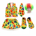 Colorful clown costume set including vest tie rainbow wig skirt and funny shoes for party. - Set / Clown Kids 5-Piece Set D (Wig + Tie + Vest + Skirt + Shoes)