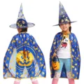 Bambini Halloween costume blu mago mantello cappello da strega con motivo zucca festa abito magico - Blu