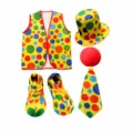 Kids clown costume set variant with colorful polka dot vest, hat, shoes, tie and red nose. - Set / Kids' Clown 5-Piece Set E (Top Hat + Tie + Vest + Shoes + Sponge Nose)