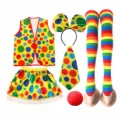 Kids Halloween clown costume set including vest, skirt, bow headband, tie, nose and striped socks. - Set / Kids' Clown 6-Piece Set A (Headband A + Tie + Skirt + Vest + Sponge Nose + Socks A)