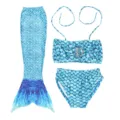 Kids blue mermaid swimsuit set with bikini top, bottoms and tail fin for swimming. - Size 110 / Set / MRY-005-A