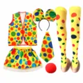 Kids clown costume set with vest skirt headband tie nose and stockings for Halloween party. - Set / Kids' Clown 6-Piece Set B (Headband A + Tie + Skirt + Vest + Sponge Nose + Socks B)