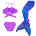 Kids mermaid swimsuit set featuring a purple bikini top, bottoms, and a blue pink tail. - Purple Pink Gradient (MRY-010-J)
