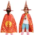 Bambini Halloween Streghe Mantello E Cappello Set Rosso Oro Zucca Stampa Festa Costume Carnevale - Rosso