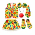 Kids Halloween clown costume set with colorful polka dots vest skirt tie and shoes - Set / Kids' Clown 6-Piece Set 3 (Headband A + Tie + Skirt + Vest + Sponge Nose + Shoes)