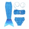 Kids blue mermaid tail swimsuit 3-piece bikini set with shiny fish scale pattern and gem. - MRY-005-D