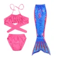 Kids mermaid swimsuit set featuring pink bikini top, briefs and blue tail skirt for swimming. - Red Blue Gradient (MRY-010-J)