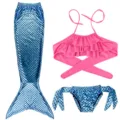 Children mermaid swimsuit set with blue scale tail and pink ruffled bikini top for girls. - Size 110 / Set / Blue and Pink