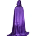Back detail view of a purple velvet hooded cloak, perfect for Halloween cosplay and dress up parties. - Purple