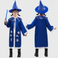 Kids Halloween wizard costume set with blue cloak and star hat for boys and girls. - S / Set