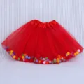 Kids red tutu skirt with colorful pompoms for children performance stage party wear outfit - 30cm / Red