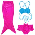 Kids mermaid swimsuit set detail featuring pink tail, blue seashell top, and cute ruffle bottoms. - MRY-102-A