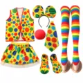 Kids clown costume accessories set with vest, bow tie, hat, and colorful rainbow stockings. - Set / Kids Clown 7-Piece Set 1 (Hairband A + Tie + Skirt + Vest + Sponge Nose + Shoes + Socks A)