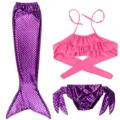Kids mermaid swimsuit set with fish tail, pink ruffled bikini top and bottoms for beach wear. - Size 110 / Set / Pink and Purple
