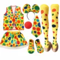 Complete children clown costume set including vest skirt headband tie shoes nose and stockings. - Set / Kids Clown 7-Piece Set 2 (Hairband A + Tie + Skirt + Vest + Sponge Nose + Shoes + Socks B)