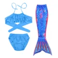 Kids blue mermaid tail bikini swimsuit three piece set, perfect for swimming and pool parties. - Blue Red Tail (MRY-110-J)