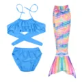 Kids mermaid swimsuit set with blue ruffled bikini top, briefs, and colorful fish tail skirt. - Blue Multi (MRY-110-K)