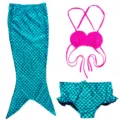 Kids mermaid swimsuit detail featuring sparkly blue tail skirt and pink shell bikini top. - Tag 120 / Set / MRY-001-A