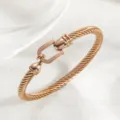 Vue détaillée d'un bracelet jonc câble en acier titane plaqué or 18k avec crochet en U. - Or rose