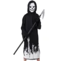 Vista dettagliata del costume da mietitore di Halloween con tunica nera e falce. - S (taglia consigliata 100-110) / Tristo mietitore (costume + falce)
