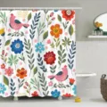 Douchegordijn met bloemen en vogels print voor badkamer, frisse botanische decoratie. - (90g Basisstof) 90x180cm / YL-7-1