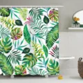 Detail view of the tropical plant waterproof shower curtain in a modern bathroom setup. - (90g Base Fabric) 90x180cm / YL-9-2