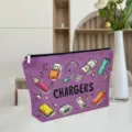Detail view of purple canvas charger storage pouch with cute doodle pattern and zipper. - ZYHZB8133-3