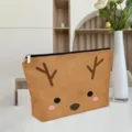 Cute Christmas reindeer printed linen cosmetic bag detail showing nice texture and zipper. - Double-Sided White Linen Makeup Bag 23x17x4 / Christmas Reindeer