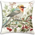Housse de coussin en lin avec un charmant imprimé d'oiseau et de baies rouges pour fêtes. - Housse de Coussin Peluche Courte Simple Face 45x45cm / BZ268154-3