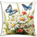 Close-up detail view of spring floral pillowcase featuring blue butterflies and white daisies. - ZB81522-4