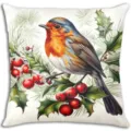 Housse de coussin oiseau de Noël lin baies rouges taie d'oreiller déco de canapé - Housse de Coussin Peluche Courte Simple Face 45x45cm / BZ268154-2