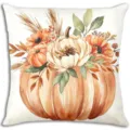Primo piano dettagliato della stampa con zucca autunnale e fiori ad acquerello sulla federa decorativa. - Fodera per Cuscino in Pelle di Pesca di Poliestere Monolaterale (Senza Imbottitura) 45x45cm / BZ268067-1