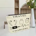 Detail view of canvas travel charger and cable organizer pouch with digital icons. - ZYHZB8133-13