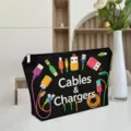 Portable canvas cable organizer pouch with cute pixel charger pattern for digital items. - ZYHZB8133-14