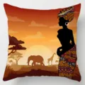 African tribal throw pillow cover with ethnic woman silhouette and sunset wildlife geometric print. - Single-Sided Linen Cushion Cover / 35*35cm