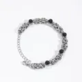 Men stainless steel woven chain bracelet with black agate beads punk hip hop jewelry style - Steel
