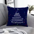 Detailed view of a navy blue Christmas throw pillow with white sketch tree and holiday text. - Style 12