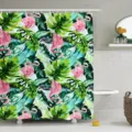 Waterproof shower curtain featuring tropical flamingo and leaf digital print for bathroom decor - YL-9-4