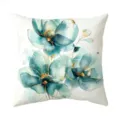 Detail view of a watercolor teal floral throw pillow cover with elegant gold accents. - Peach Skin Pillow Cover / 45x45cm / Pattern 1