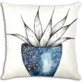 Funda de cojín decorativa con un diseño artístico botánico de planta en maceta azul. - BZ72026-4