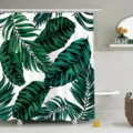 Tropical green leaf shower curtain detail, waterproof fabric print, modern bathroom decor. - YL-9-11