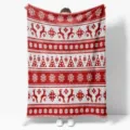 Close-up of a festive red and white Nordic pattern Christmas fleece blanket with reindeer. - MT06018-1 / 100x150 Single-Sided Print (260g/㎡ Flannel)